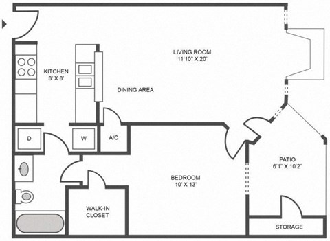 Floor plan for 1 bed, 1 bath, 640 sqft